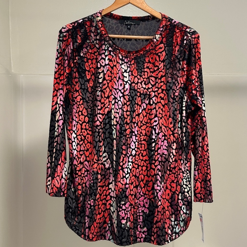 Calessa Stylish Women’s Vibrant Velvet Long Sleeve Cheetah Print Blouse Size XL